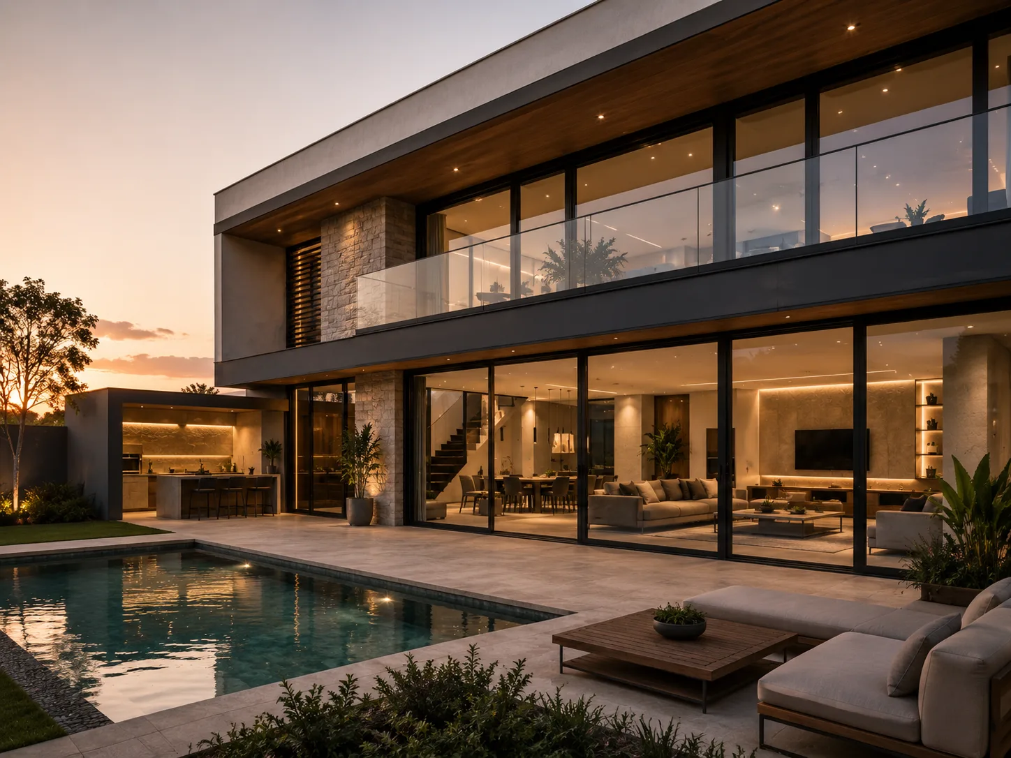 Residencia contemporánea con grandes mamparas de vidrio, perfiles de aluminio negro y terraza junto a la piscina al atardecer