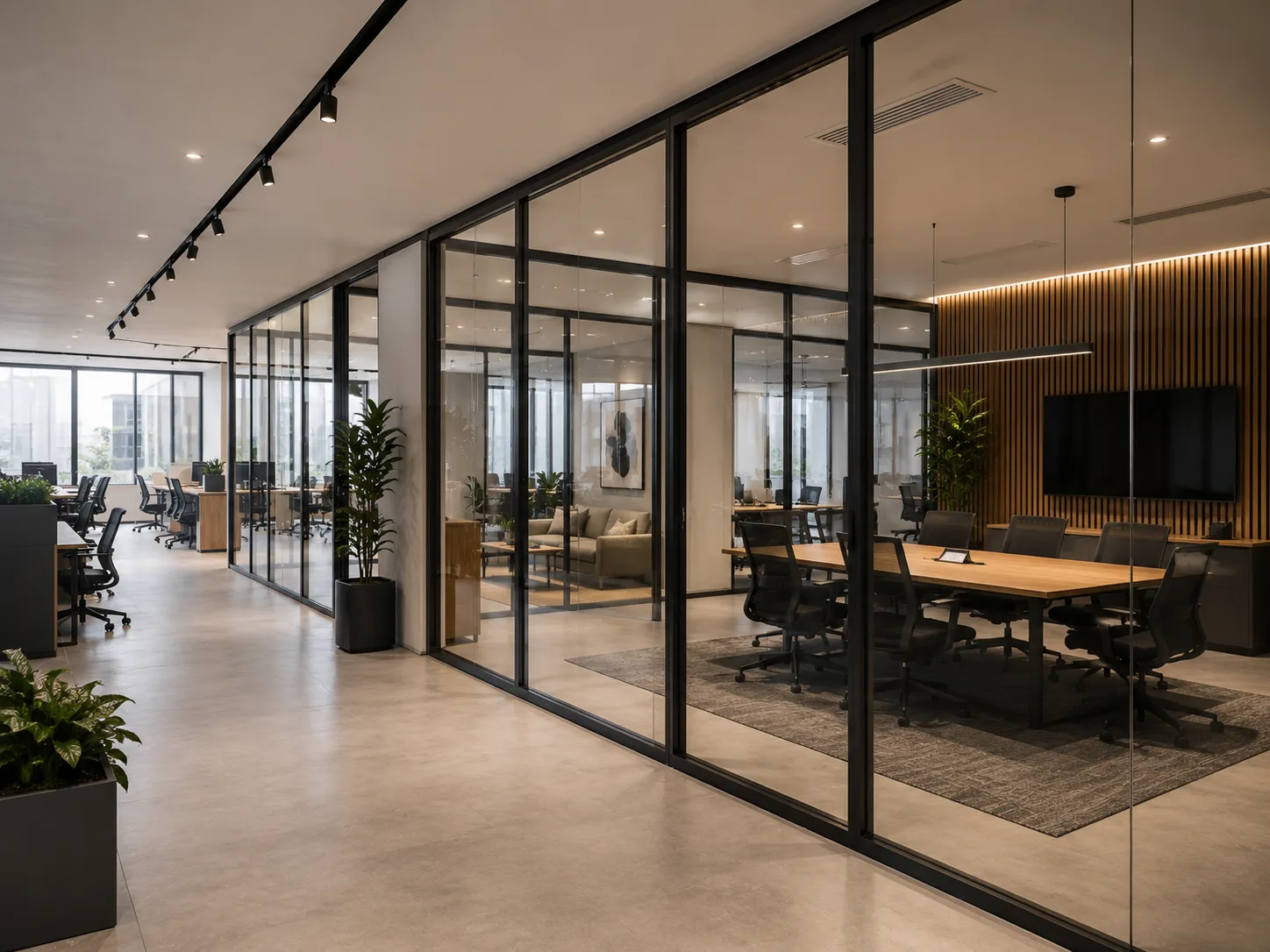 Oficina corporativa moderna con divisiones interiores de vidrio templado y perfiles de aluminio negro