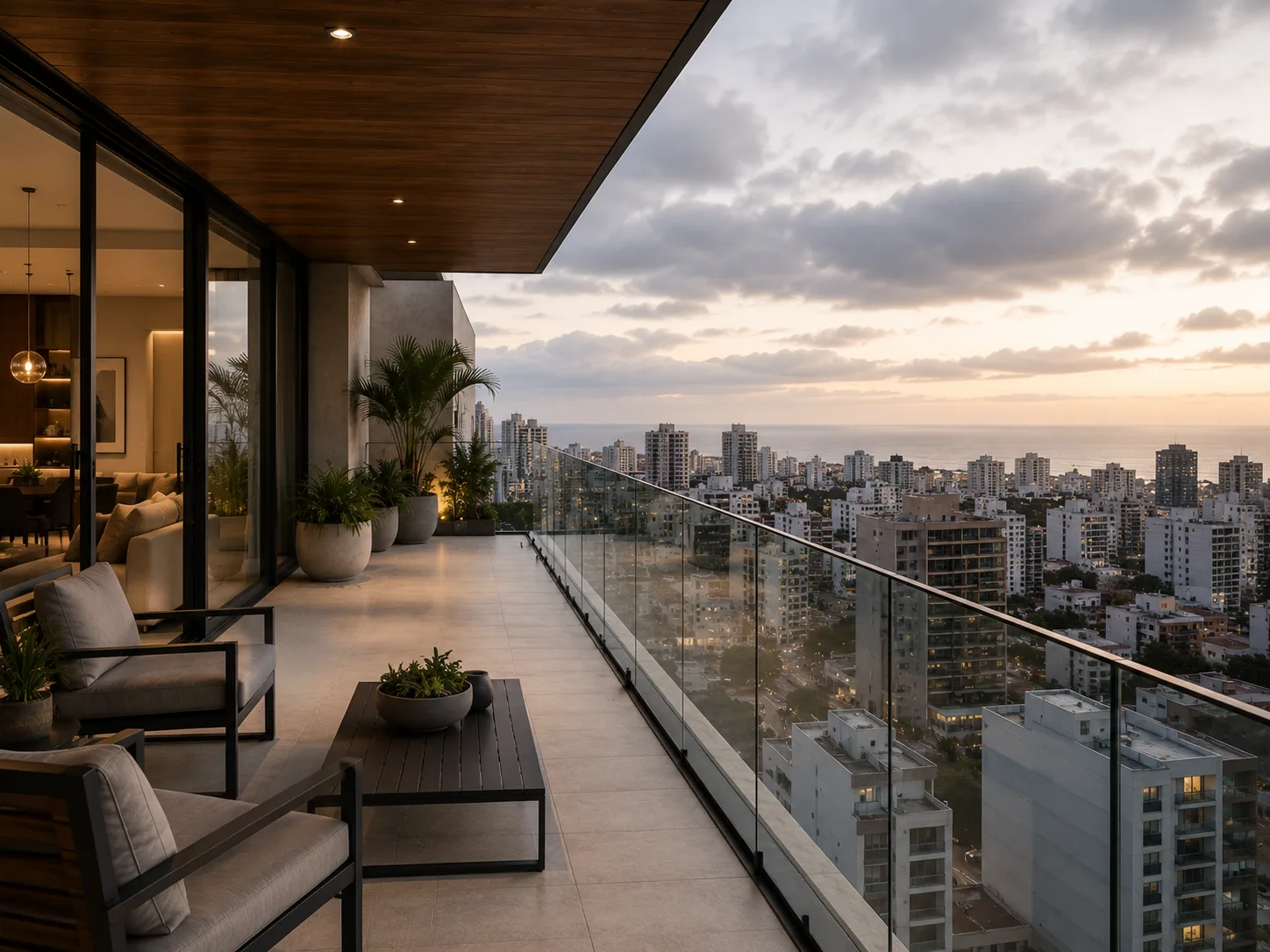 Terraza de departamento con baranda panorámica de vidrio sin marco y vista urbana de Lima al atardecer