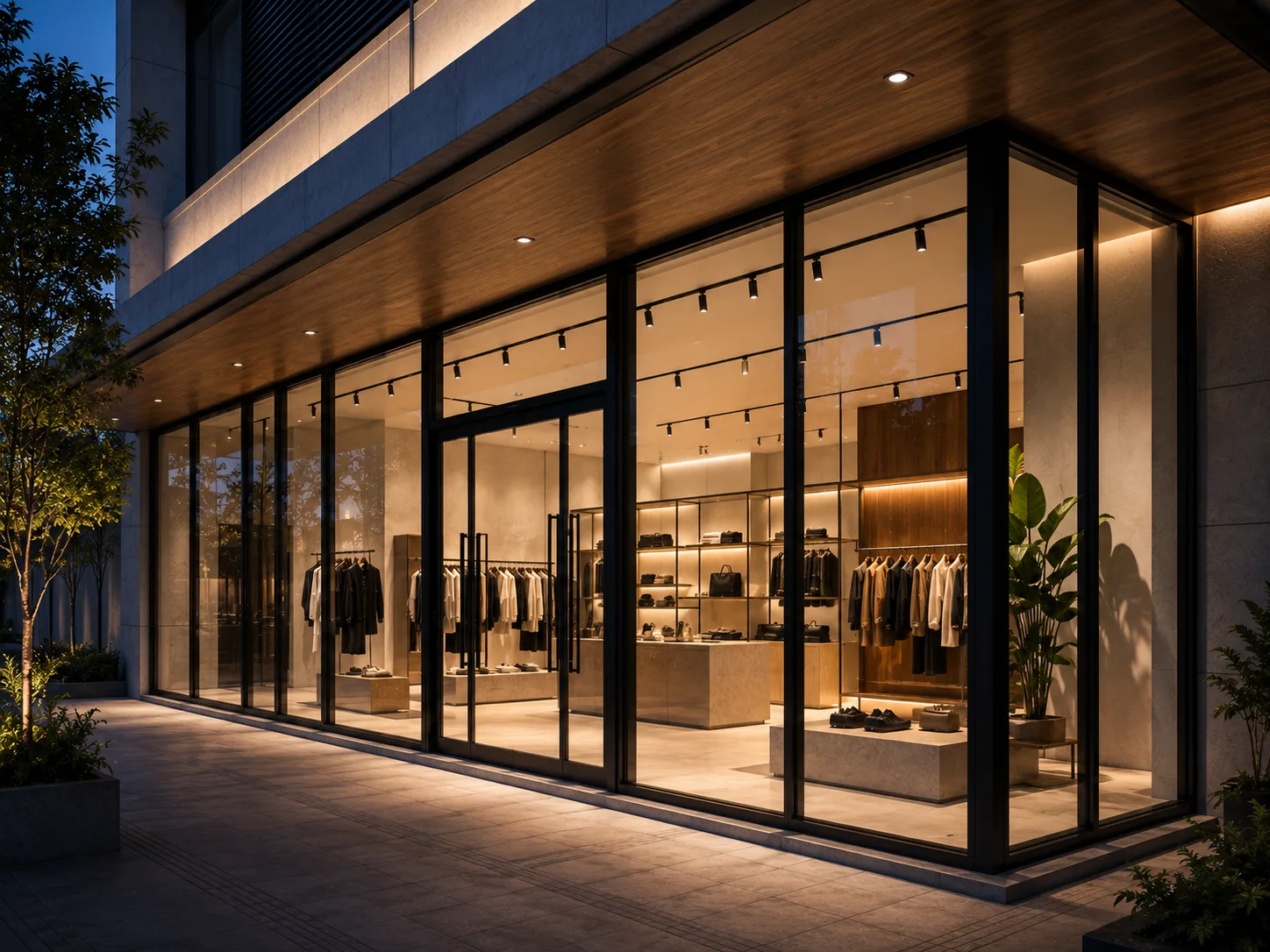 Local comercial con fachada completa de vidrio y aluminio negro iluminada durante la noche