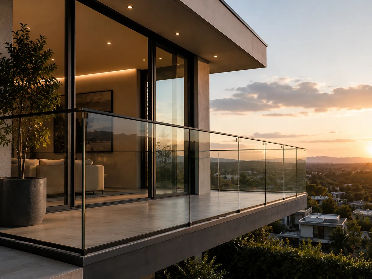 Baranda de vidrio sin marco instalada en una escalera de diseño contemporáneo