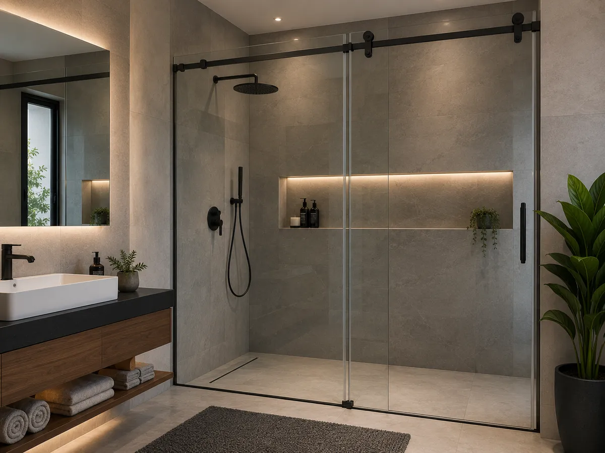 Mampara de ducha de vidrio templado en un baño moderno con acabados minimalistas