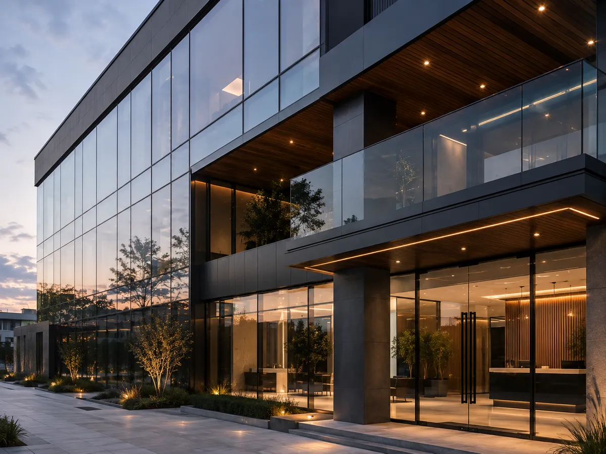 Fachada comercial de vidrio con estructura de aluminio negro en un edificio moderno