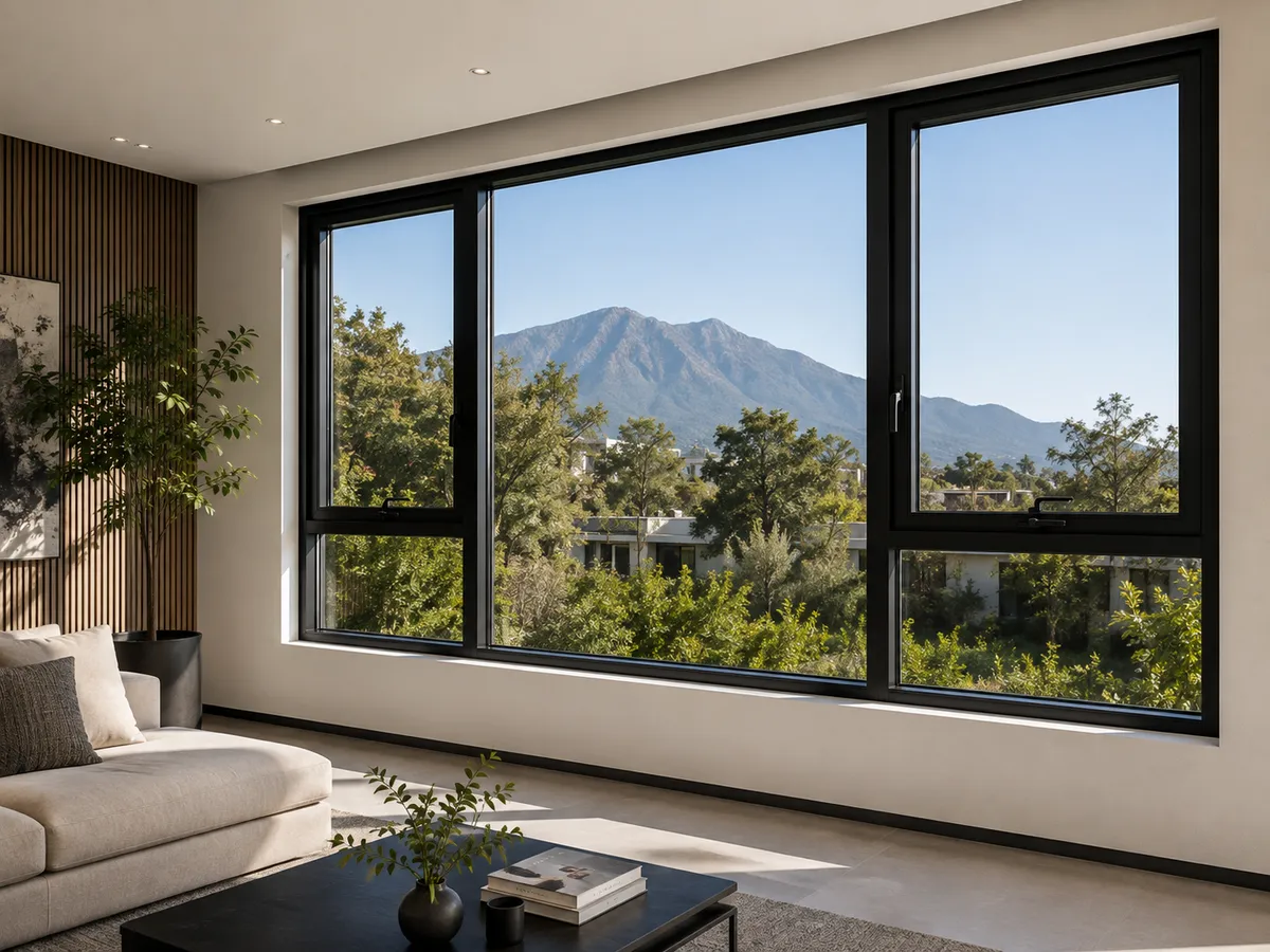 Ventanas de aluminio de piso a techo con vista al exterior en una vivienda contemporánea